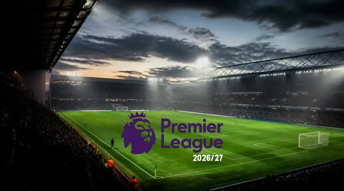 Football stadium under floodlights with a Premier League 2026/27 graphic