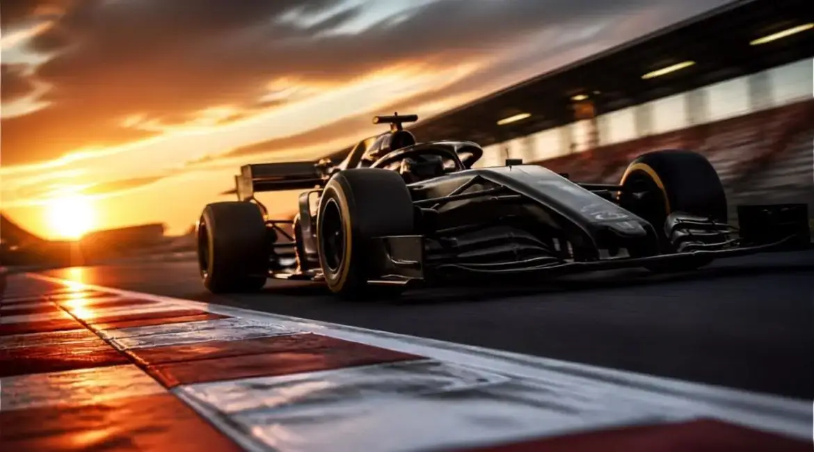 Unbranded single-seat racing car speeding around a circuit at sunset