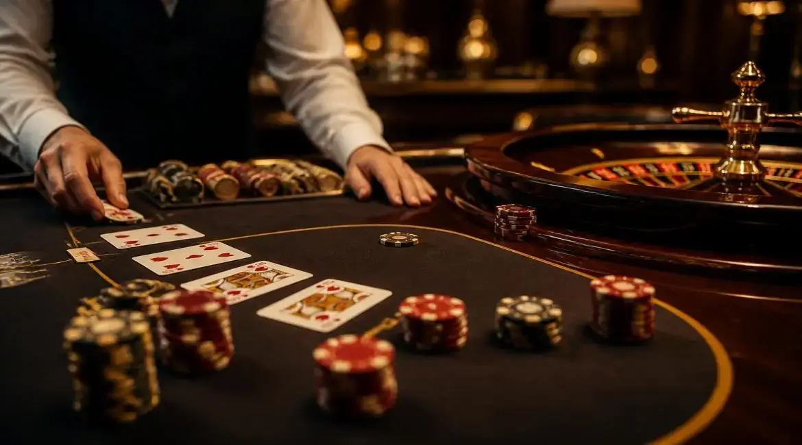 Dealer managing cards and chips at a live casino table