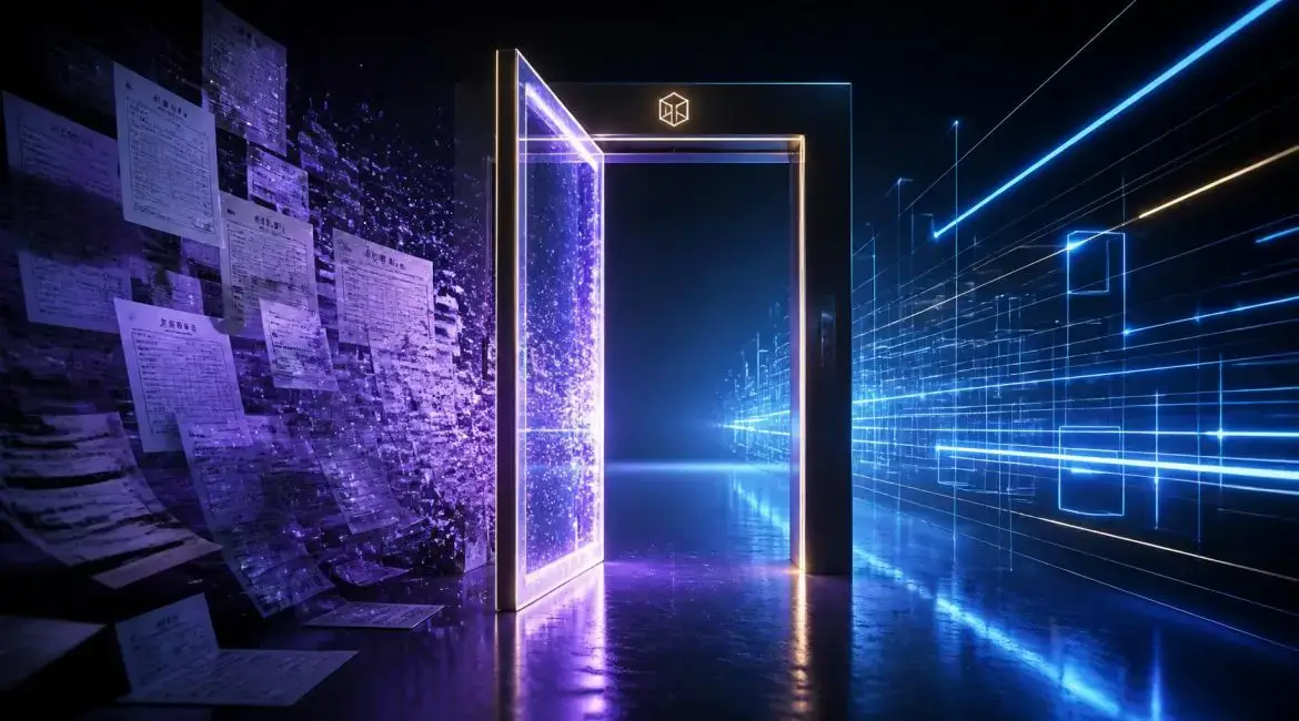 Illuminated digital doorway separating paperwork from a blockchain-style network