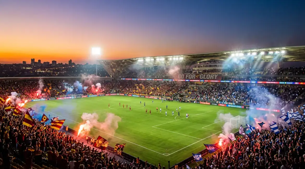 Football match in a floodlit stadium surrounded by supporters