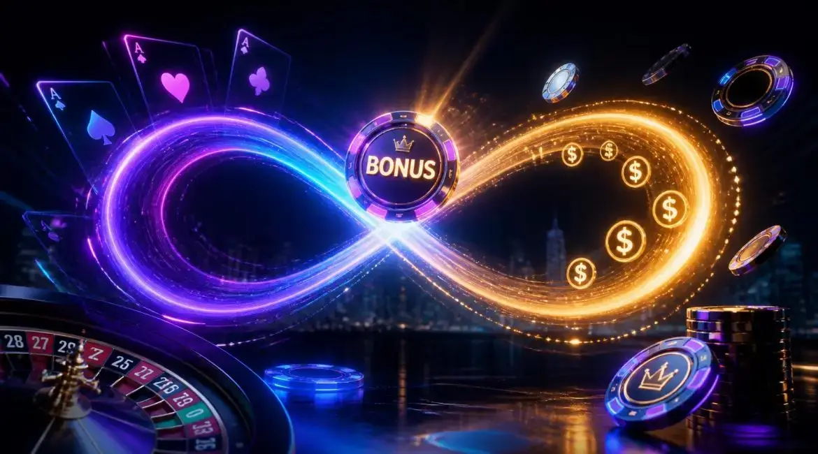 Neon bonus chip above a roulette wheel, playing cards and casino chips