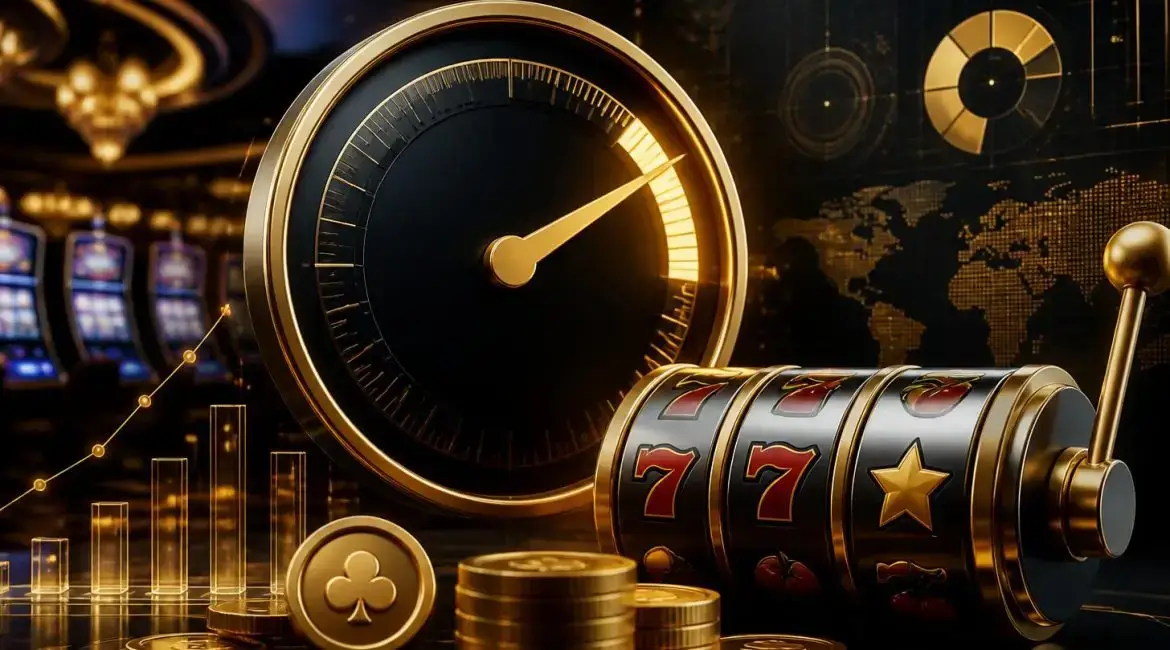 Slot reels beside a return gauge and casino chips