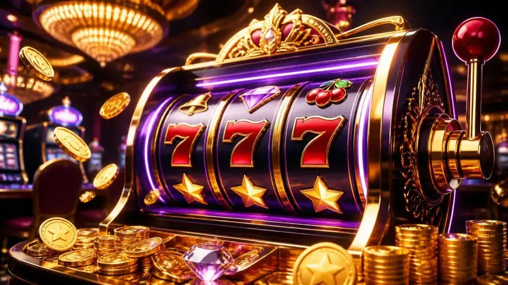 Slot reels displaying 777 symbols with chips and coins