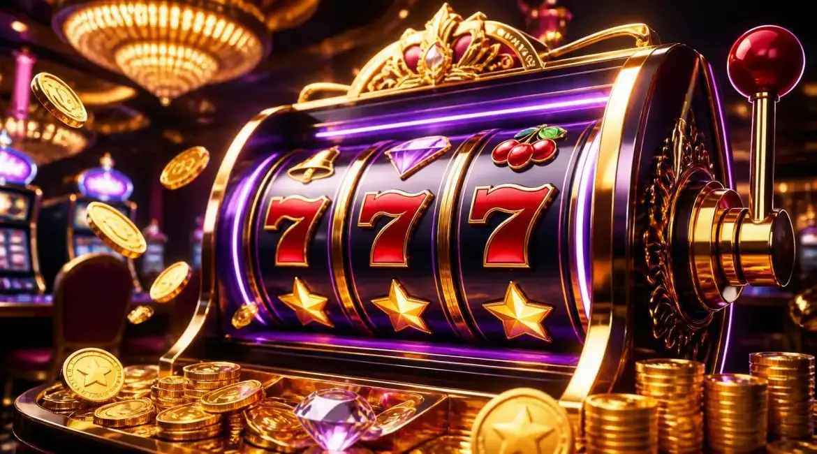 Slot reels displaying 777 symbols with chips and coins