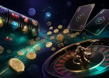 Slot reels, playing cards and roulette wheel in a digital casino scene