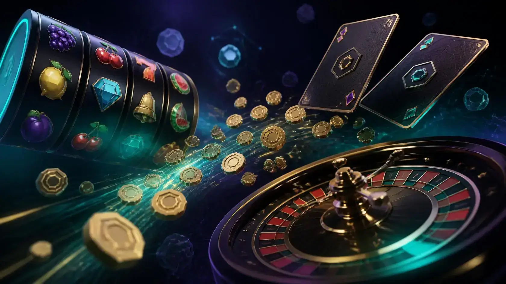 Slot reels, playing cards and roulette wheel in a digital casino scene